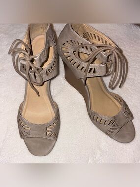 Taupe Lace-Up Cutout Wedge Sandals for Women